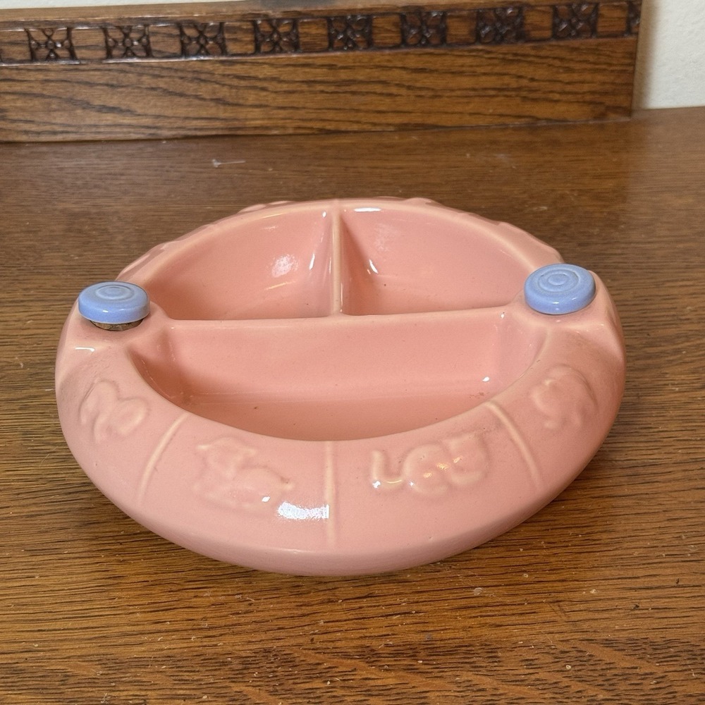 Vintage Pink Baby Warming Dish Plate Embossed Animals with Blue Stoppers 1940s